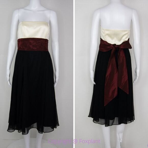Laundry by Shelli Segal cream black strapless cocktail midi dress with bow,‎ 8 - Picture 1 of 16